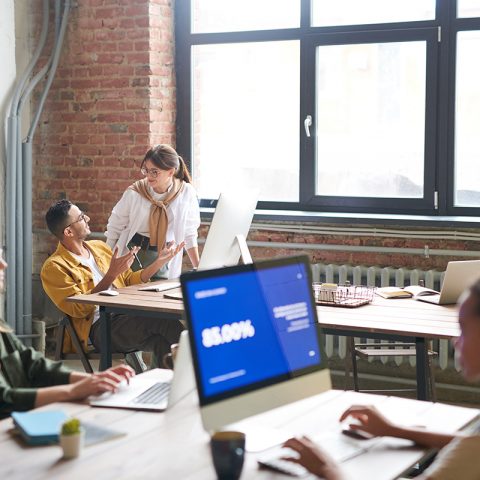 Team brainstorming in a modern office.