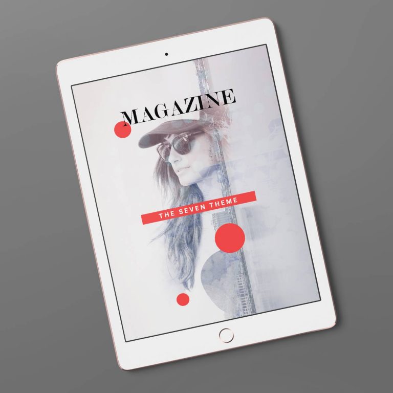 Tablet showing magazine cover: The Seven Theme.