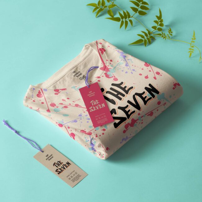 Beige shirt with "The Seven" print.